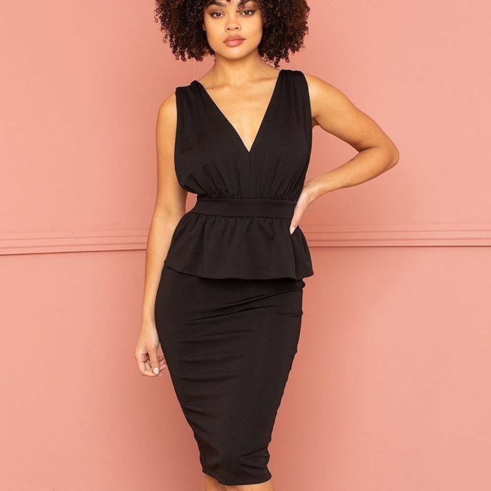 Women's Black Valentine V-neck Sleeveless Zipper Back Opened Side Midi Dress NWT